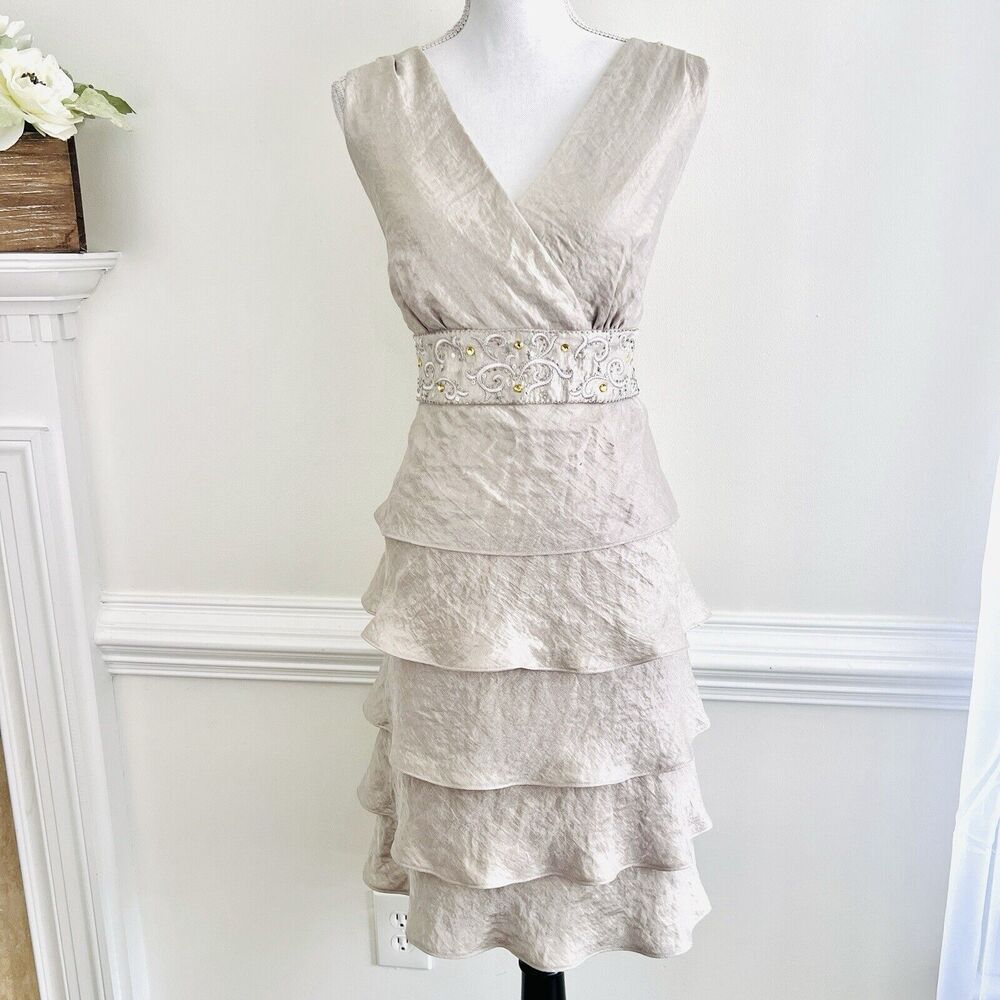 R&M Richards Silver Jeweled Embellished Ruffly Tiered Event Dress ~ Size 16